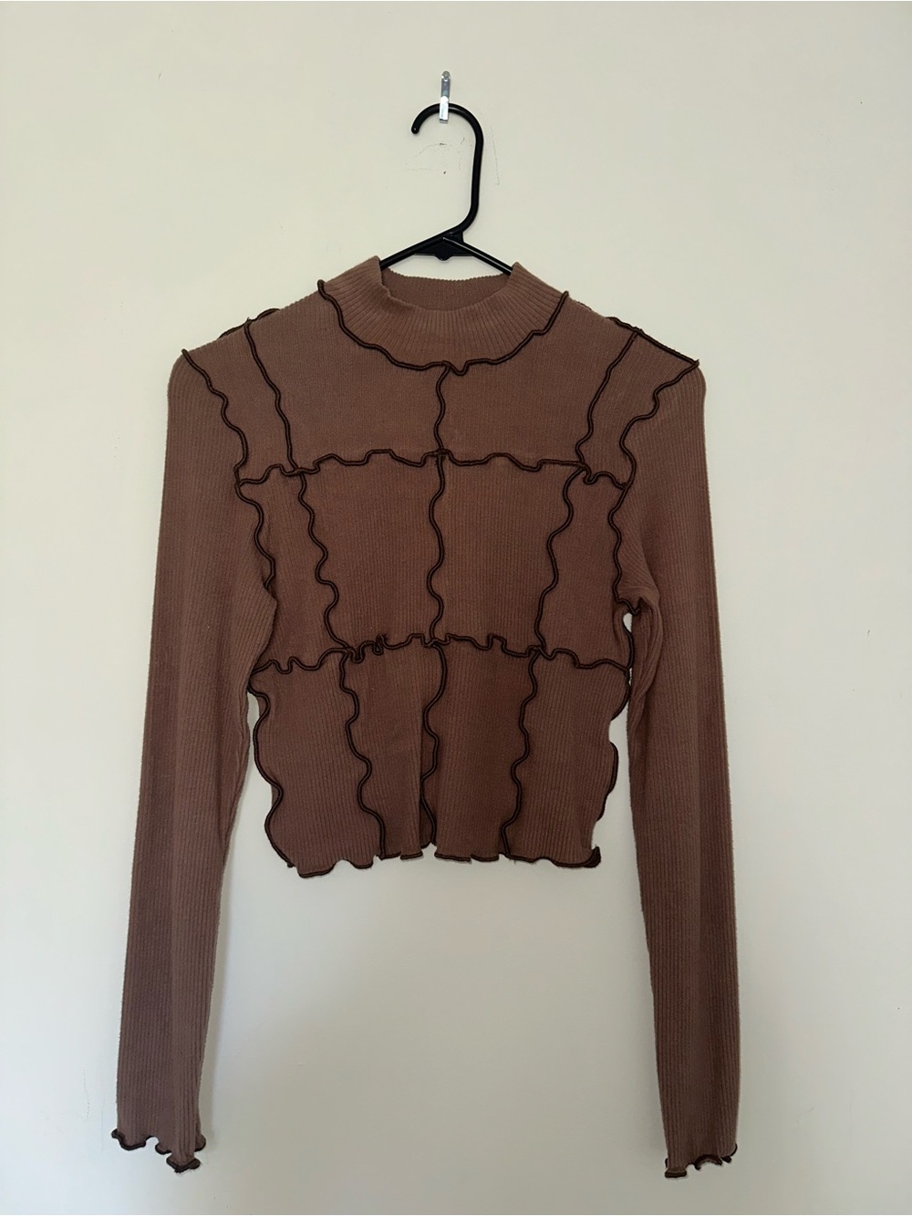 Very J Brown Mock Neck Long Sleeve Top with Contrast Ruffle Seams